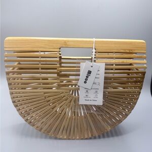 Miuco Bamboo Half Moon Top Handle Bag Wooden Structured Purse Boho Chic